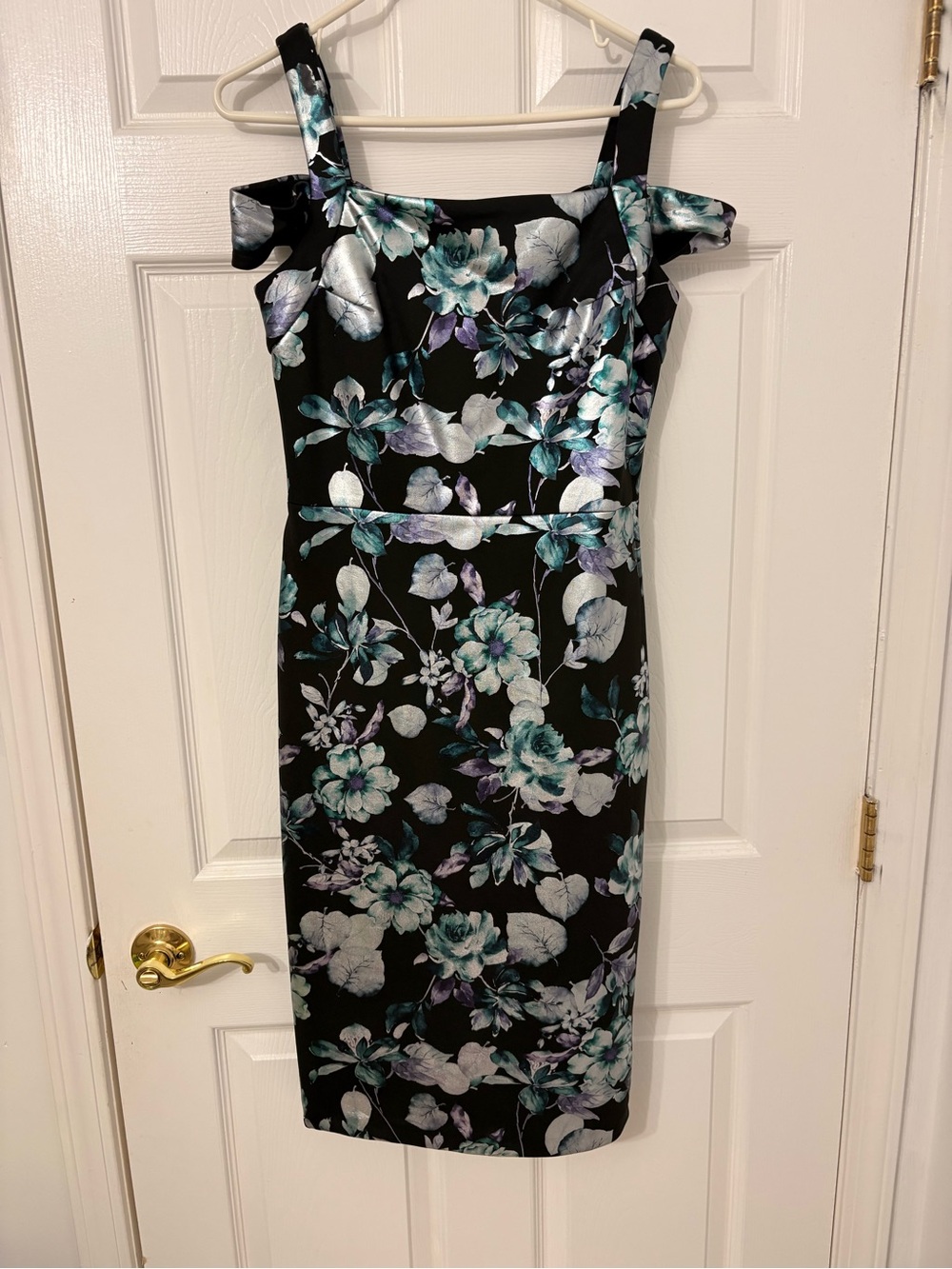 Black Floral Off-Shoulder Midi Sheath Dress with Teal Accents